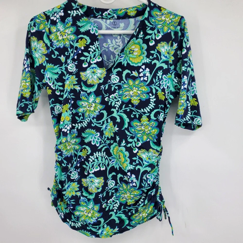 Lands End Women's Floral Paisley Swim Tee Rash‎ Guard Ruched Navy XS Swimsuit
